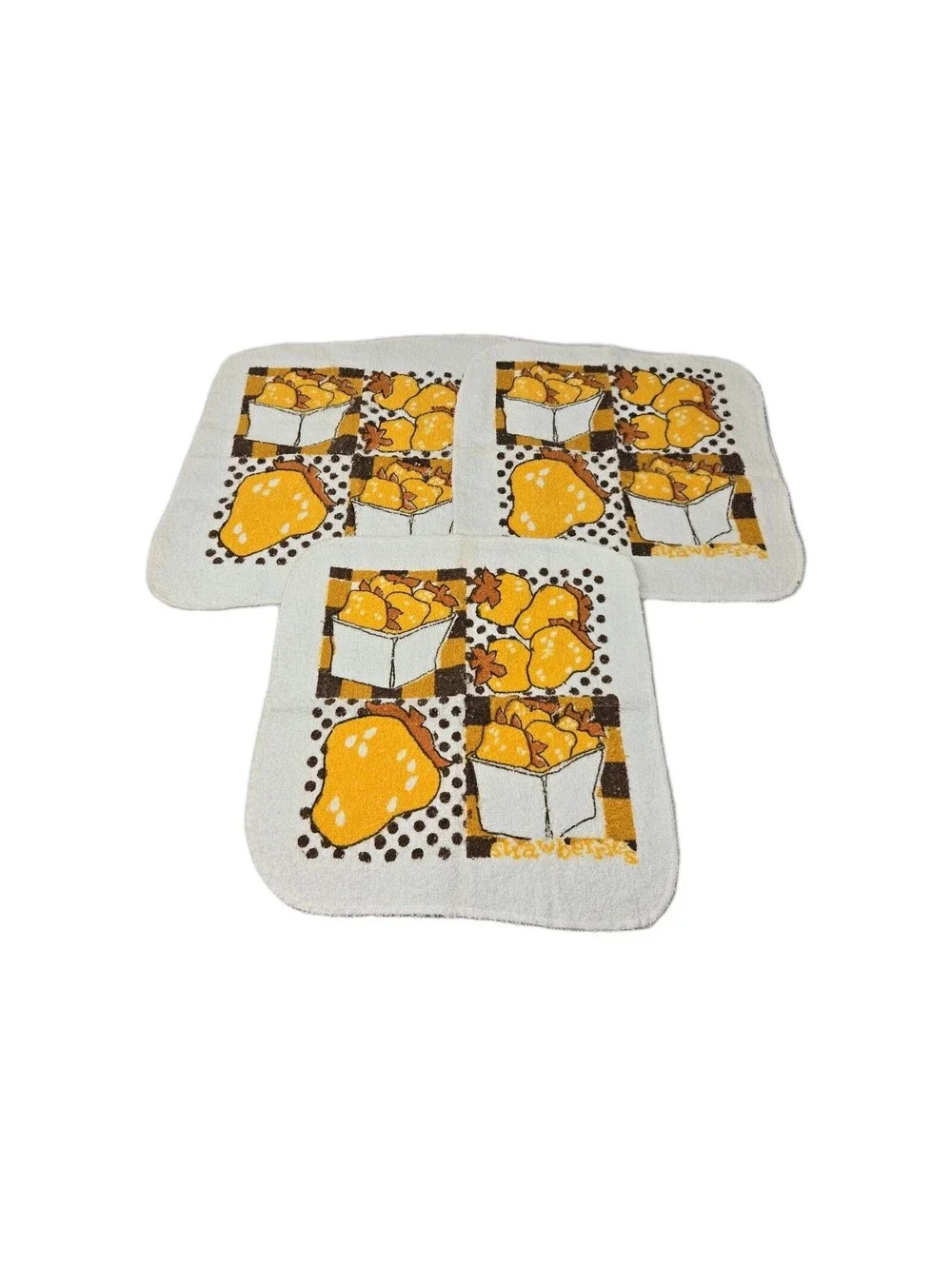 1970s yellow and orange strawberry-patterned kitchen towels Washcloths Rare X3